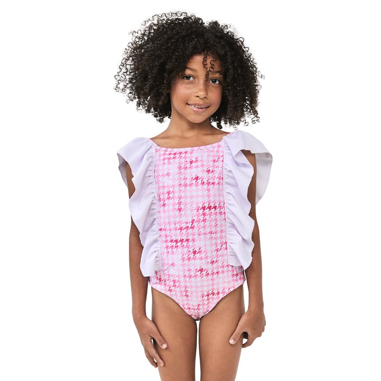 Houndstooth Swimsuit One Piece Short Sleeves - Houndstooth