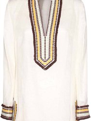 Women's Embroidered Linen Long Sleeve Tunic Beach Cover Up - Ivory White