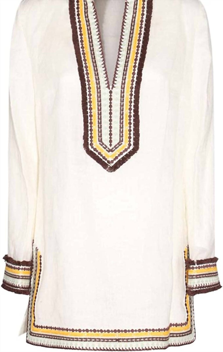 Women's Embroidered Linen Long Sleeve Tunic Beach Cover Up - Ivory White
