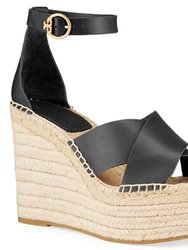Women'S Selby Leather High Wedge Heel Adjustable Ankle Strap Espadrilles Sandals - Black