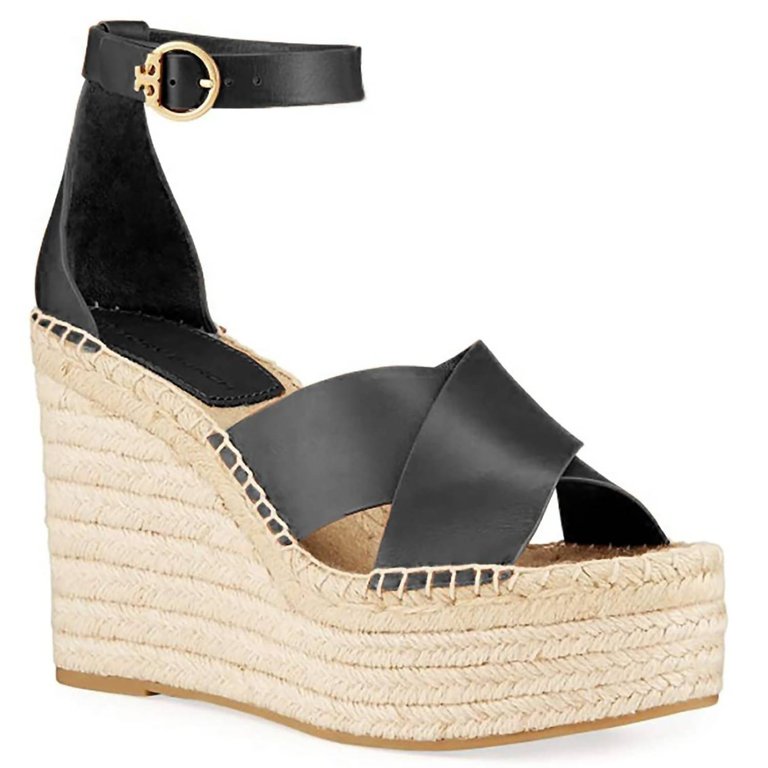 Women'S Selby Leather High Wedge Heel Adjustable Ankle Strap Espadrilles Sandals - Black