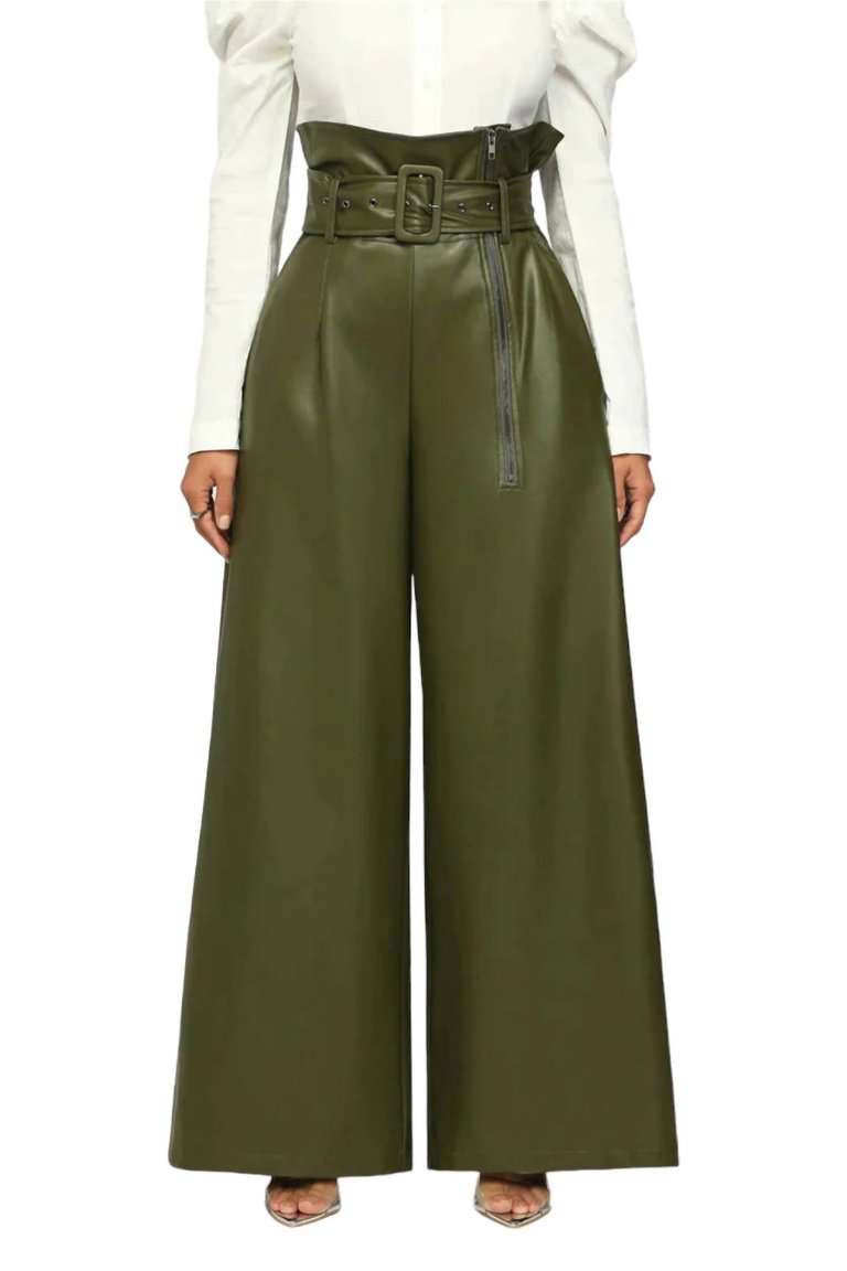 High Waist Vegan Leather Pants In Olive Green - Olive Green