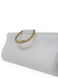 White Leather Large Clutch With Snake Handle