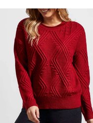 Long Sleeve Crew Neck Cables Sweater - Earth Red