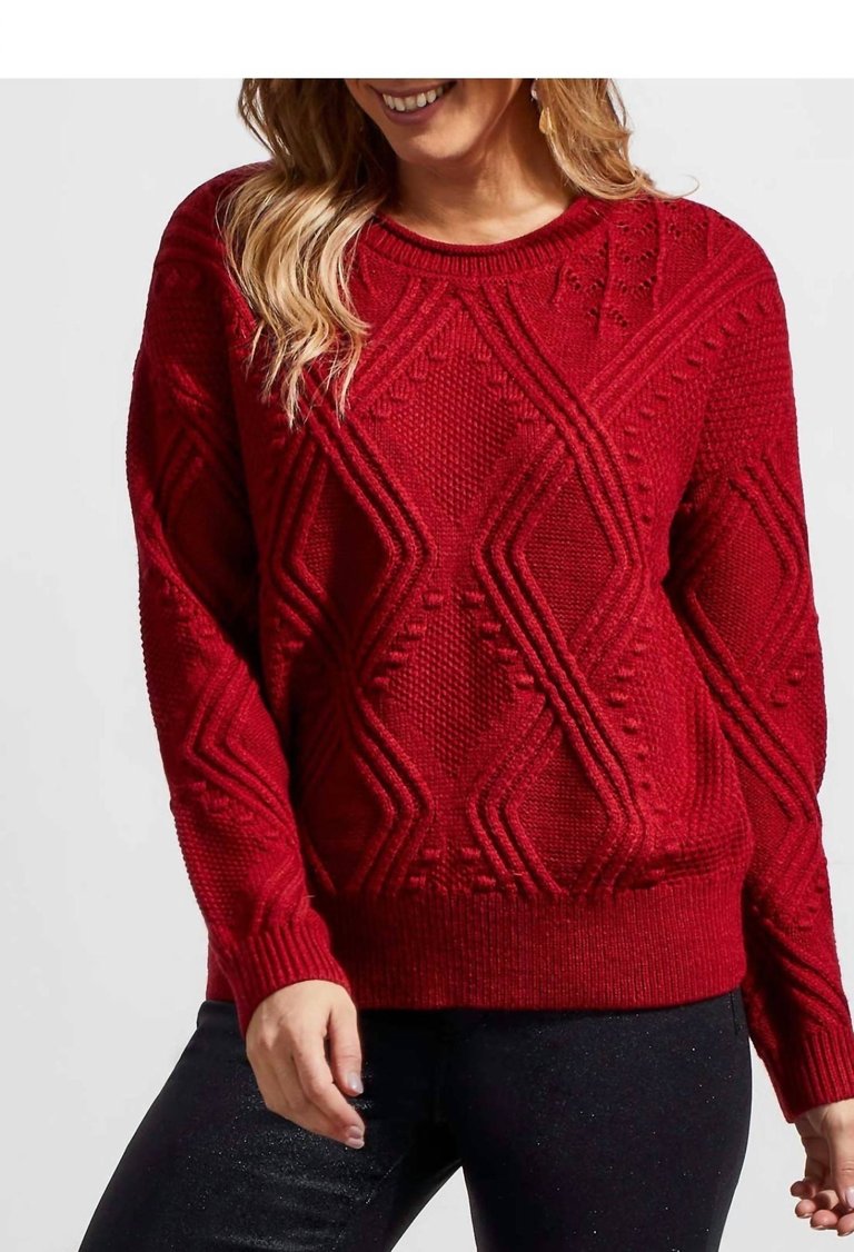 Long Sleeve Crew Neck Cables Sweater - Earth Red