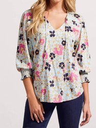 V-Neck 3/4 Sleeve Blouse W/elastic Cuff In Poolside - Poolside