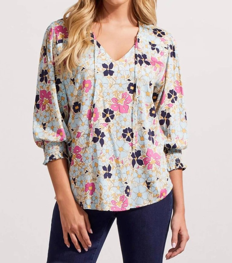 V-Neck 3/4 Sleeve Blouse W/elastic Cuff In Poolside - Poolside