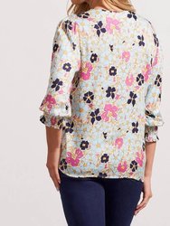 V-Neck 3/4 Sleeve Blouse W/elastic Cuff In Poolside