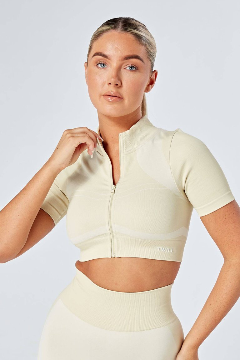 Recycled Colour Block Zip-up Crop Top - Stone