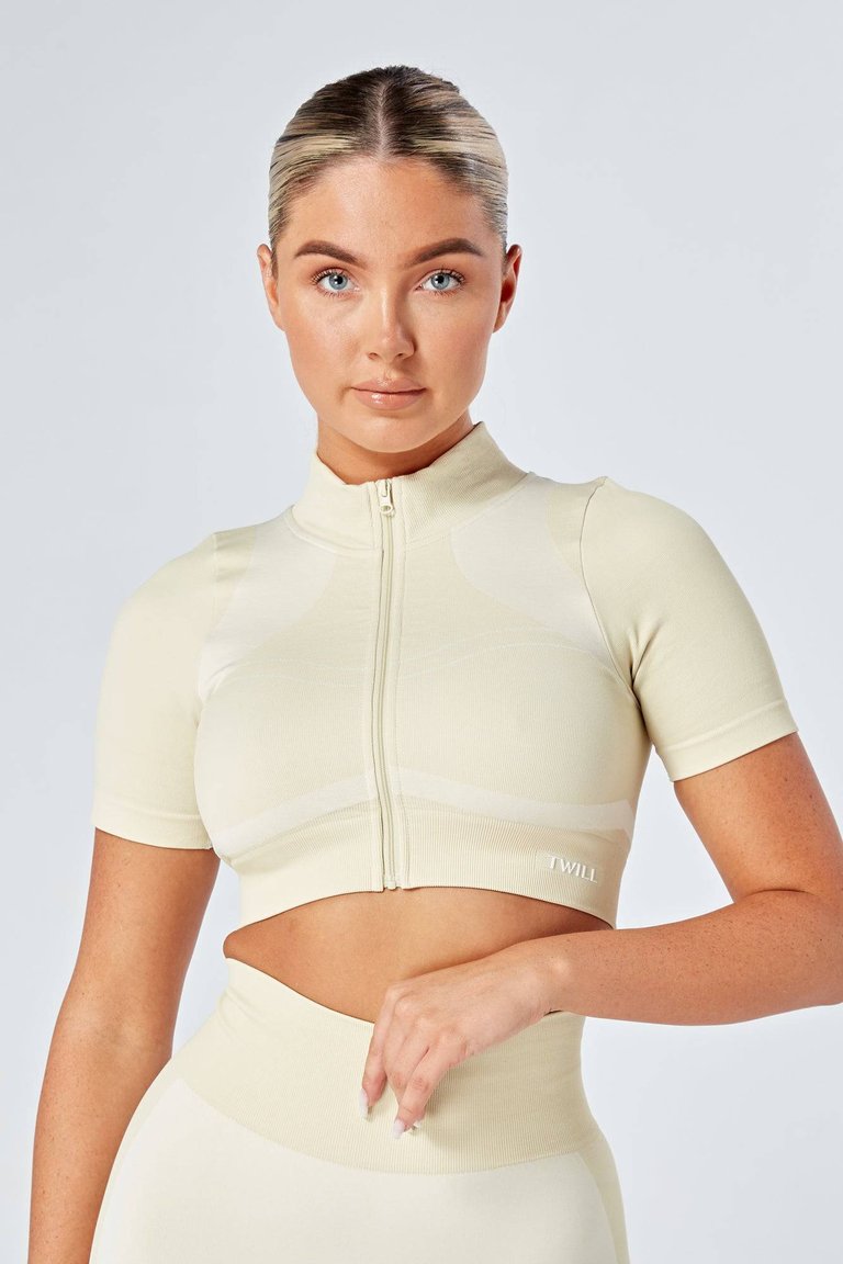 Recycled Colour Block Zip-up Crop Top - Stone - Stone