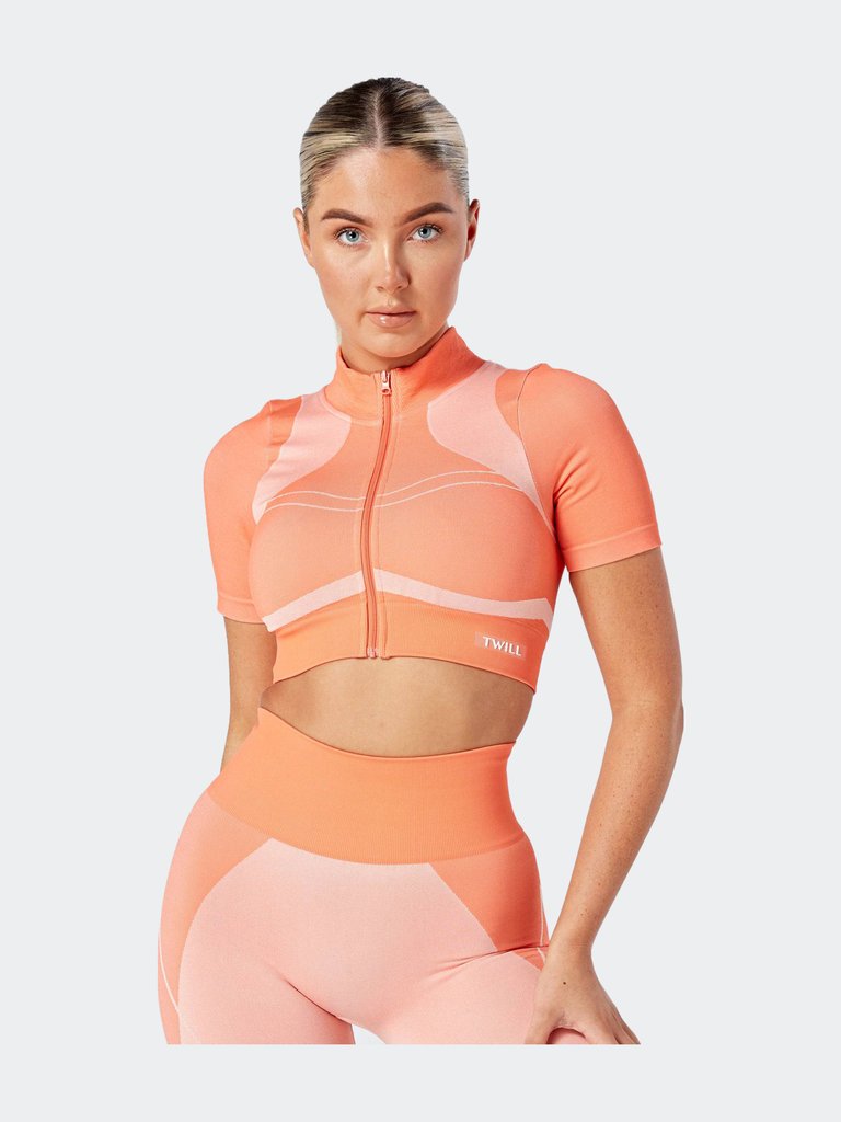 Twill Active Recycled Colour Block Zip-up Crop Top Coral - Orange