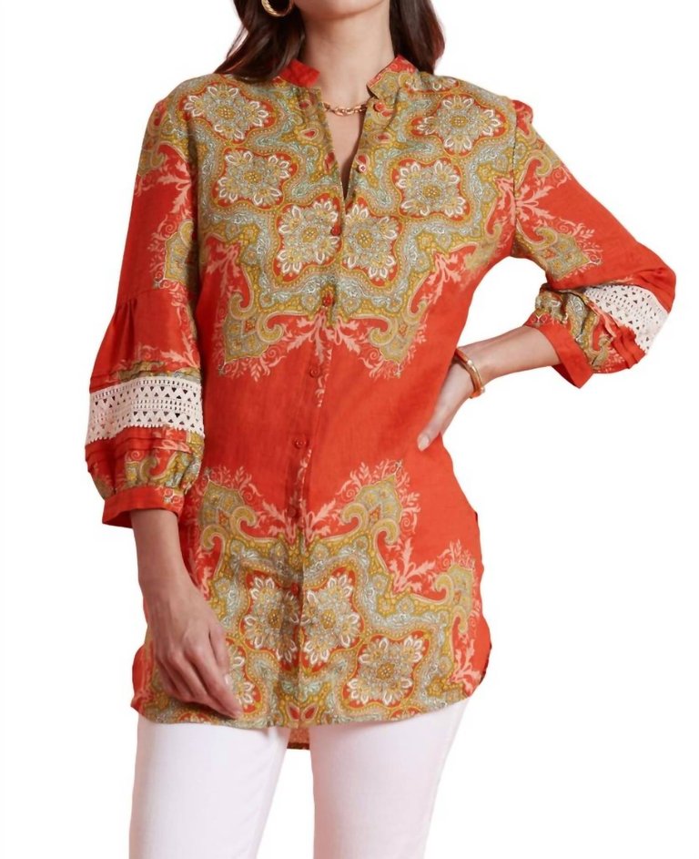 Rebecca Linen & Eyelet Tunic Top In Multi - Multi