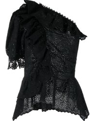 Solid Black Julianna Lace One Shoulder Puffed Sleeve Peplum Blouse - Black