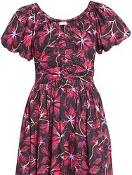 Women Cecile Short Puff Sleeves Ruched Midi Dress Zinnia Red - Red