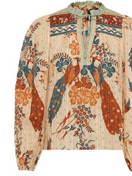 Women Rana Long Sleeve Egret Tan Cotton Blouse Top - Multicolor