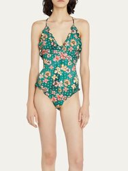 Women's Giordana Maillot Green Floral One Piece Swimsuit With Ruffle - Multicolor