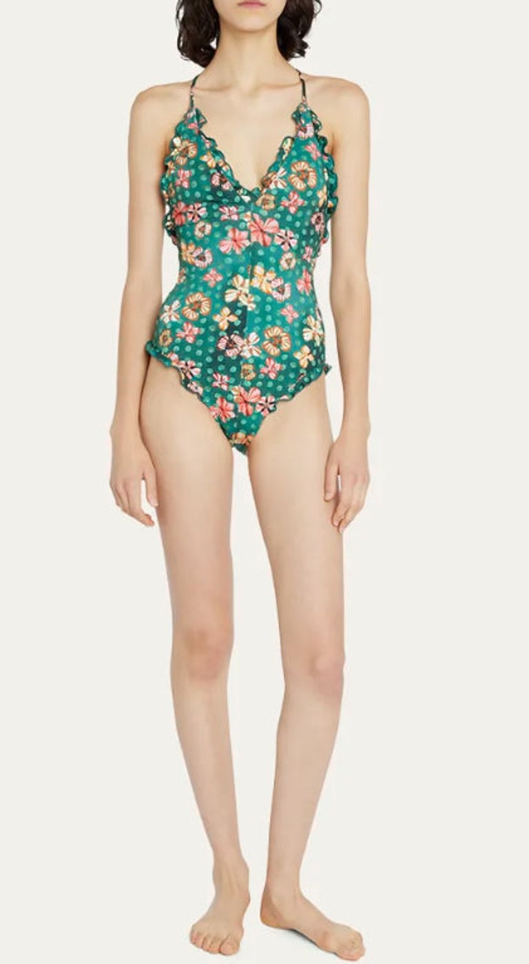 Women's Giordana Maillot Green Floral One Piece Swimsuit With Ruffle - Multicolor