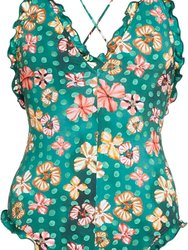 Women's Giordana Maillot Green Floral One Piece Swimsuit With Ruffle