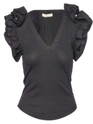 Women's Ruffled Sleeves V-Neck Birdie Top, Noir, Black - Black