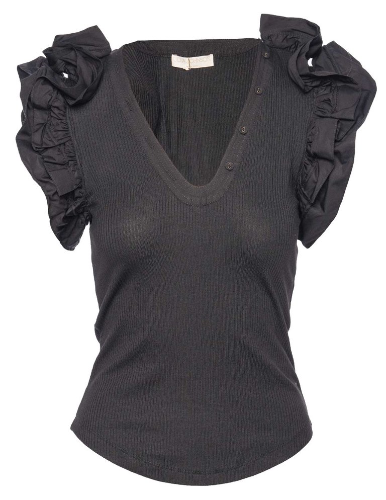 Women's Ruffled Sleeves V-Neck Birdie Top, Noir, Black - Black