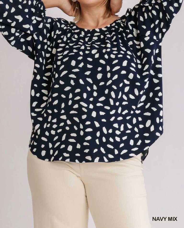 Animal Print Round Neck Long Sleeve Top In Navy - Navy