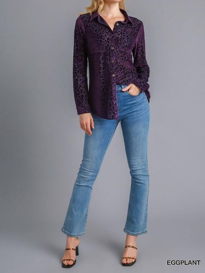 Umgee Animal Print Velvet Button Up Top In Eggplant product