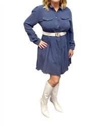 Button Front Collared Tiered Ruffle Dress With Frayed Hem - Navy