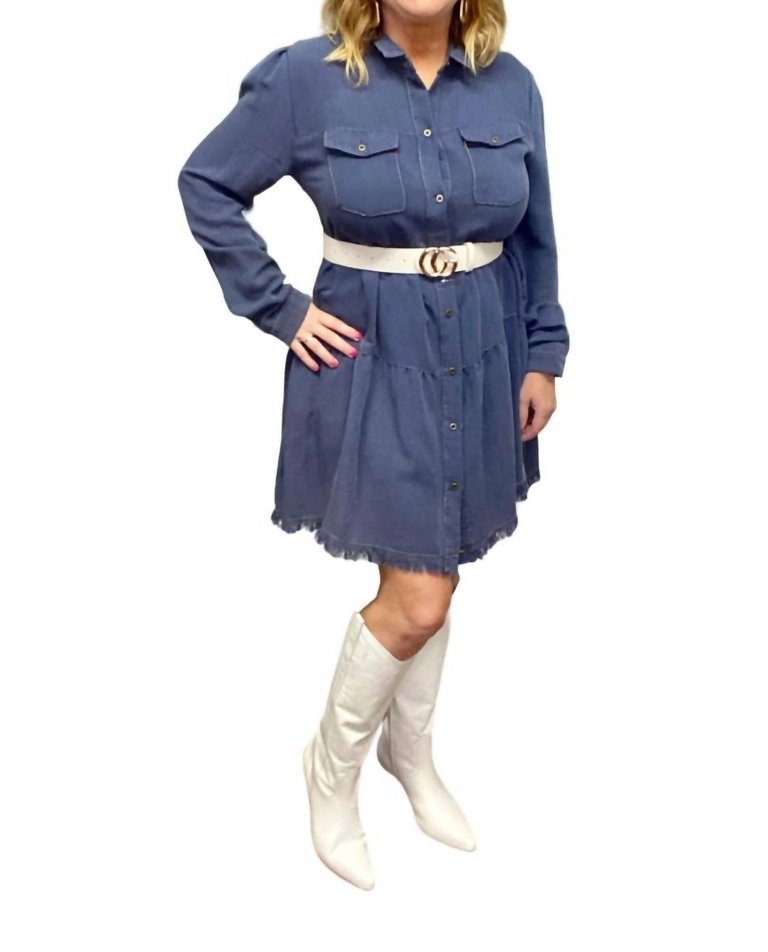 Button Front Collared Tiered Ruffle Dress With Frayed Hem - Navy