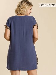 Denim Linen Plus Dress With Animal Print Pockets