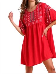 Floral Embroidered Dress - Cherry Red