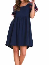 Gauze Fabric Crochet Sleeve Dress - Navy / Blue