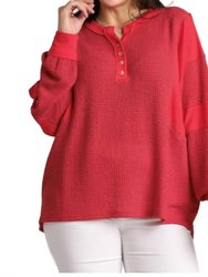 Henley Waffle Knit Tunic Top In Red - Red