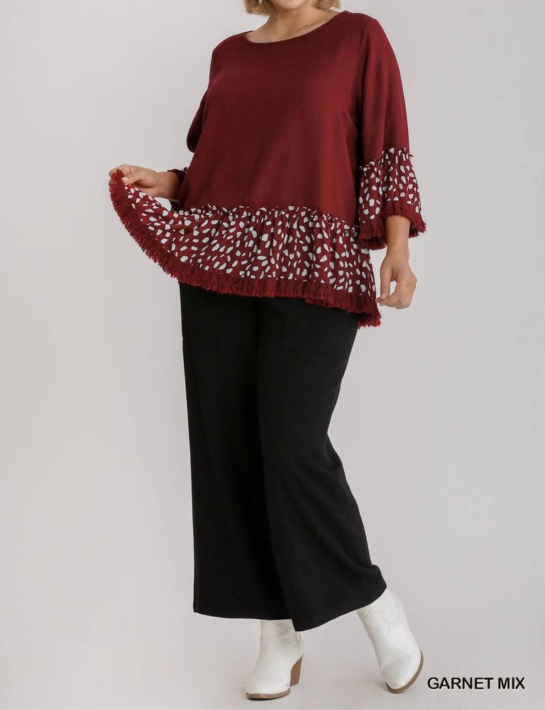 Linen Blend Animal Print Bell Sleeve Top - Garnet