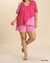 Linen Blend Bleach Dip Dye V-Neck Top With Fringe Hems Plus - Hot Pink