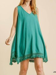Linen Blend Crochet Detail Sleeveless Dress With Frayed Shark Bite Hem - Jade