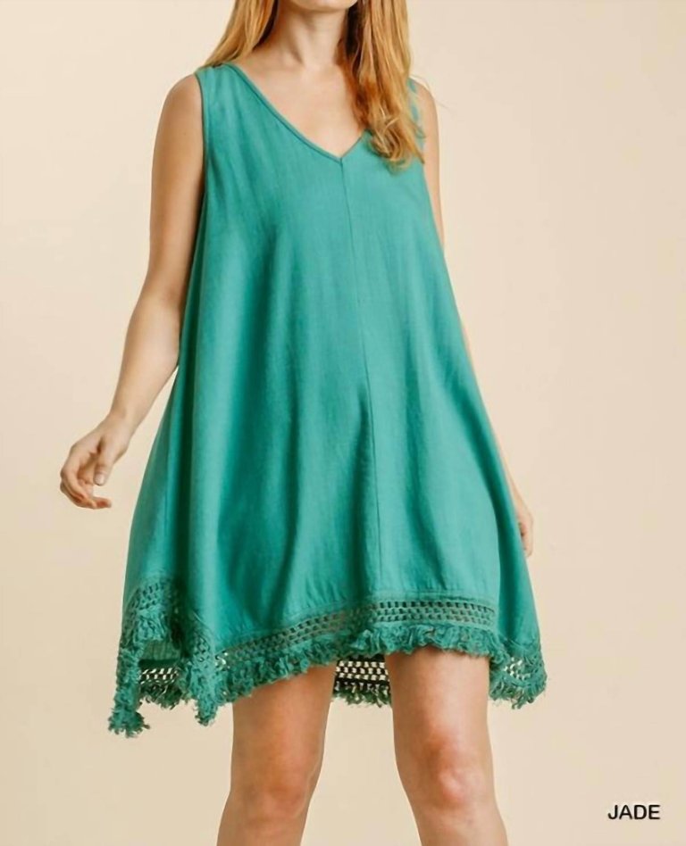Linen Blend Crochet Detail Sleeveless Dress With Frayed Shark Bite Hem - Jade