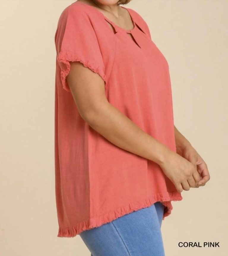 Linen Blend Cut Out Round Neckline Top