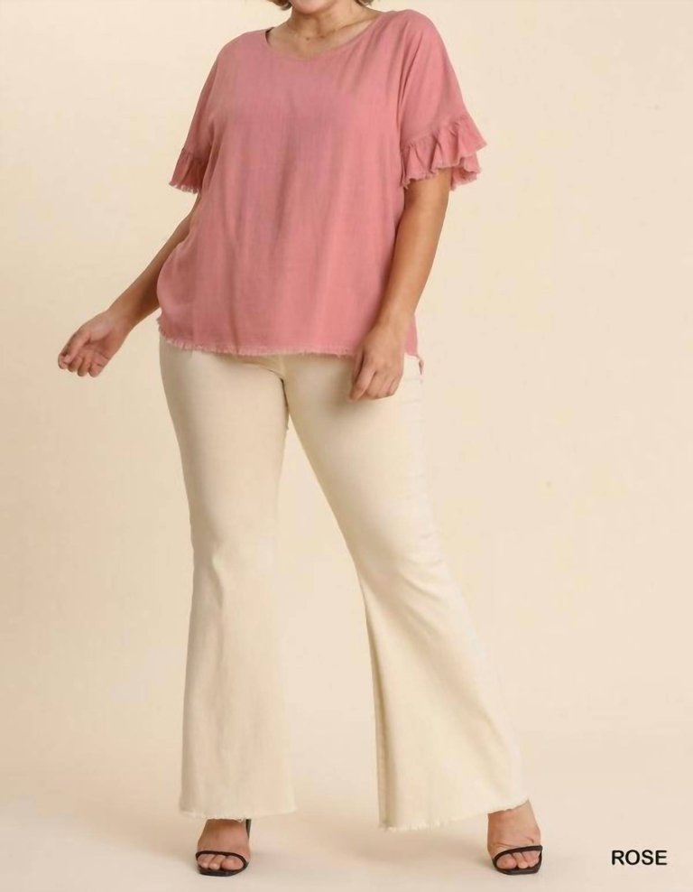 Linen Blend Round Neck Ruffle Sleeves Top - Rose