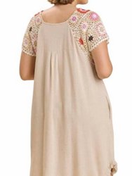 Linen Blend Short Crochet Sleeve Dress