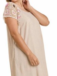 Linen Blend Short Crochet Sleeve Dress