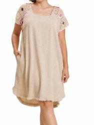 Linen Blend Short Crochet Sleeve Dress - Oatmeal