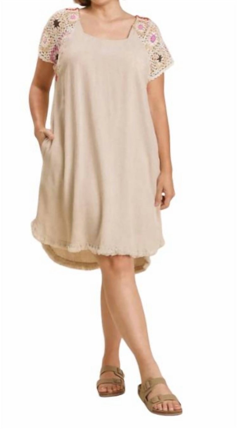 Linen Blend Short Crochet Sleeve Dress - Oatmeal