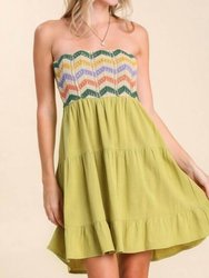 Linen Blend Strapless Tiered Dress With Crochet Overlay - Avocado