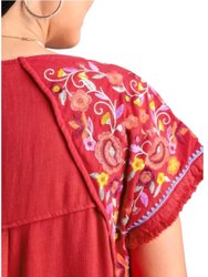 Linen Short Sleeve Embroidery Dress