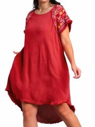 Linen Short Sleeve Embroidery Dress - Scarlet