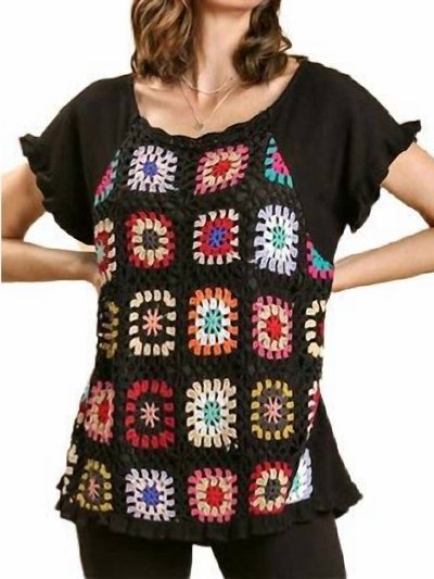 Umgee Linen Top With Colorful Crochet Patches - Black product