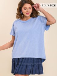 Mineral Wash Linen Blend Round Neck Short Sleeve T-Shirt - Periwinkle