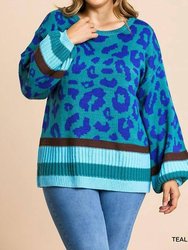 Plus Animal Print Tunic Sweater - Teal Mix