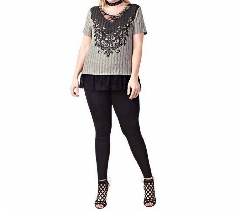 Plus Top With Print And Black Lace Bottom - Gray