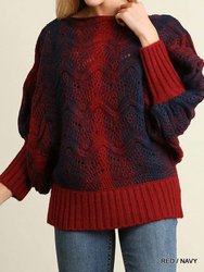 Puff Sleeve Chunky Knit Sweater - Navy And Red